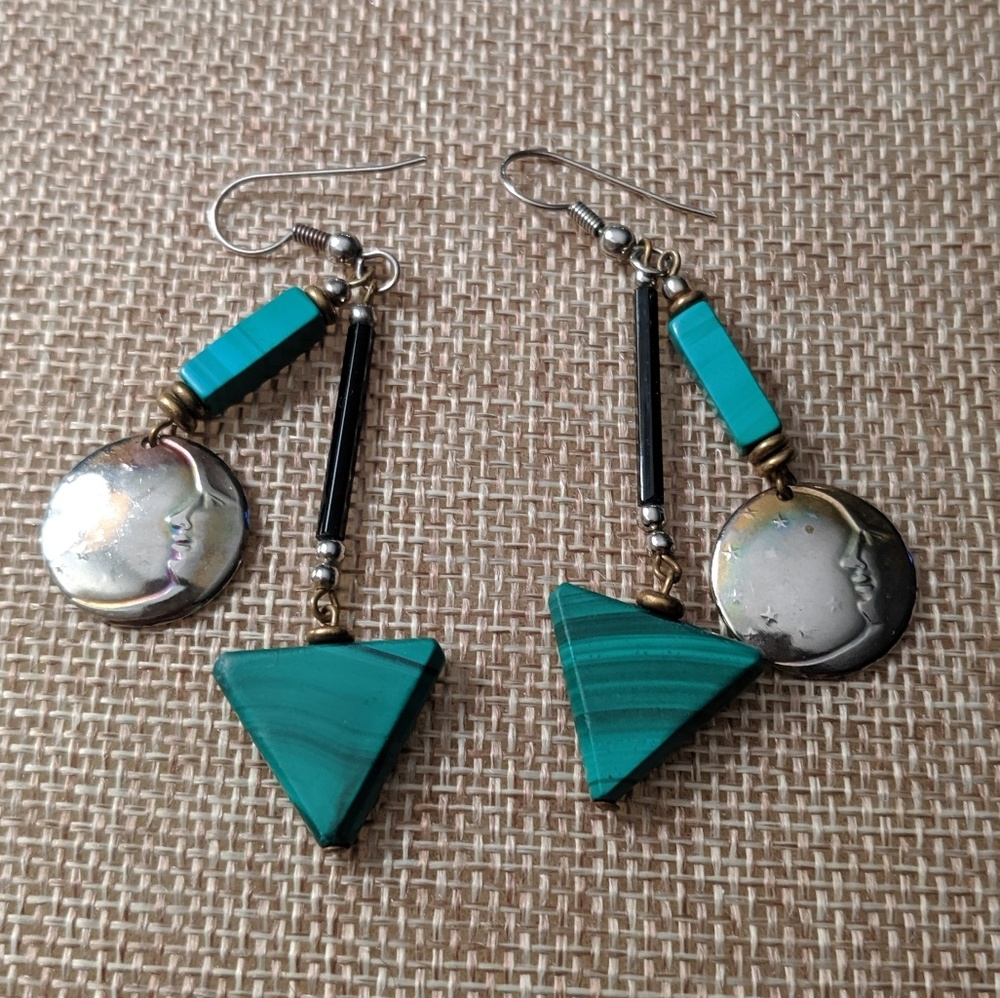 Boho Vintage Turquoise & silver drop moon earrings